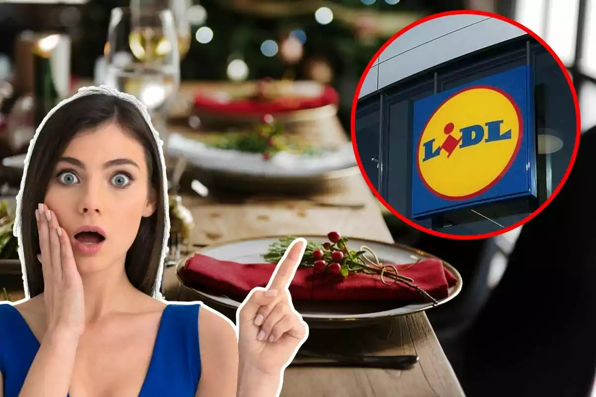 Una mujer sorprendida señala hacia un logotipo de Lidl en un círculo rojo, con una mesa elegantemente decorada al fondo.