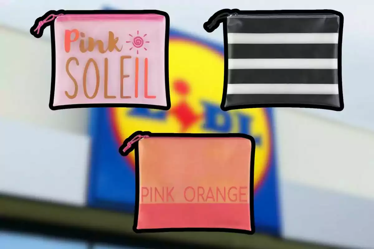 Tres estuches de colores diferentes con diseños variados frente a un letrero borroso de una tienda Tres estuches de colores diferentes con diseños variados frente a un letrero borroso de una tienda