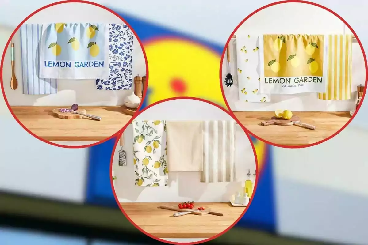 Tres imágenes circulares muestran diferentes toallas de cocina colgadas sobre una encimera de madera, cada una con diseños de limones y patrones florales o de rayas, acompañadas de utensilios de cocina y decoraciones como limones y tomates. Tres imágenes circulares muestran diferentes toallas de cocina colgadas sobre una encimera de madera, cada una con diseños de limones y patrones florales o de rayas, acompañadas de utensilios de cocina y decoraciones como limones y tomates.