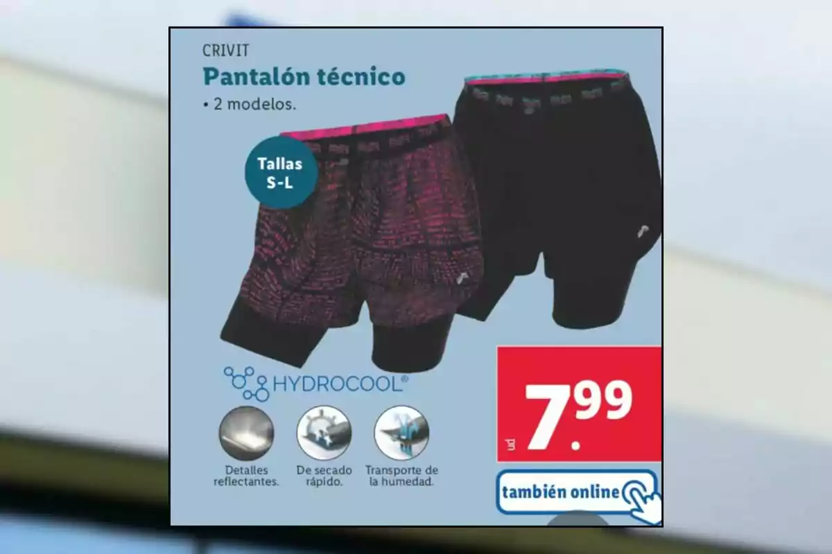 Imagen de un anuncio de pantalones técnicos Crivit con dos modelos disponibles en tallas S-L, características como detalles reflectantes, secado rápido y transporte de humedad, y un precio de 7.99 euros, disponible también online. Imagen de un anuncio de pantalones técnicos Crivit con dos modelos disponibles en tallas S-L, características como detalles reflectantes, secado rápido y transporte de humedad, y un precio de 7.99 euros, disponible también online.