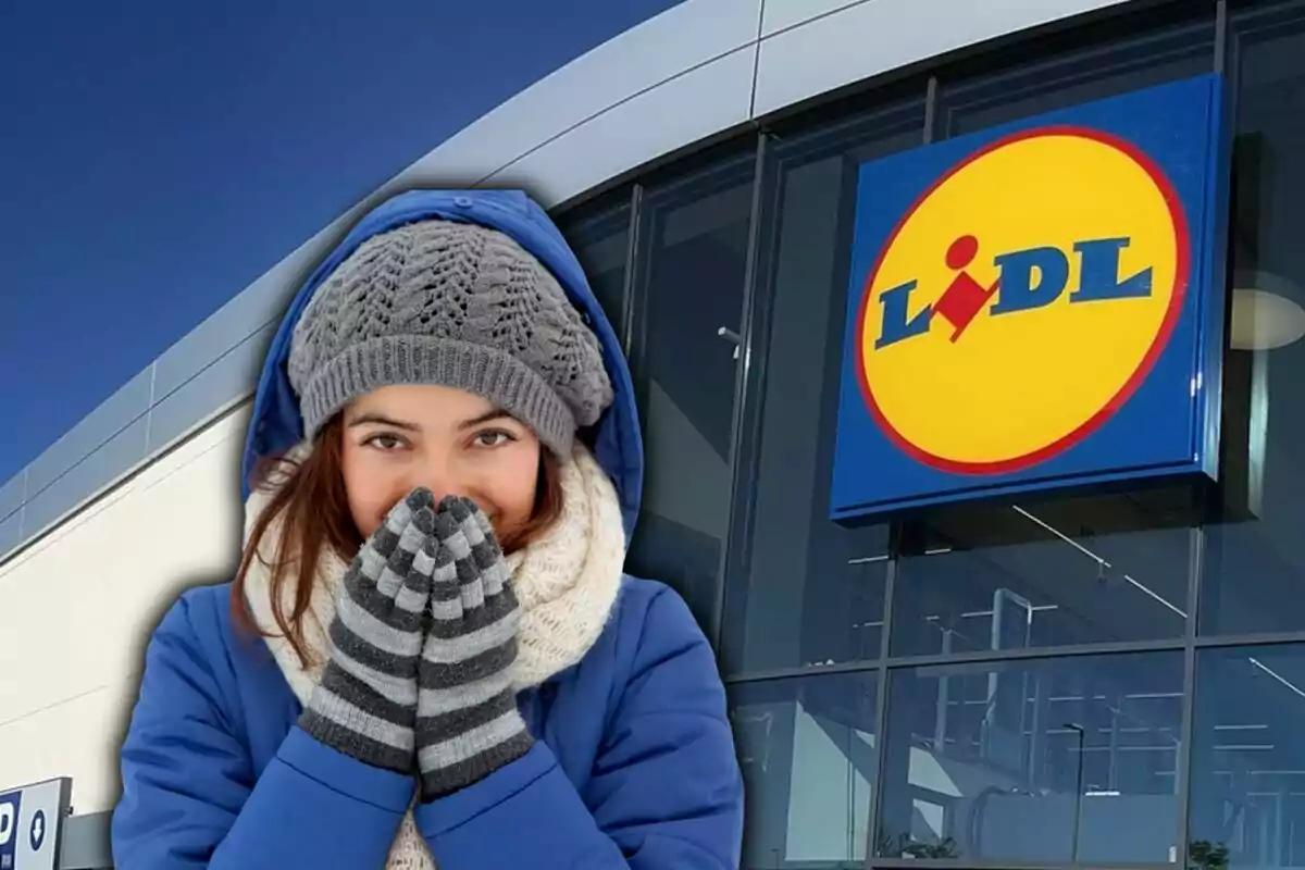 Mujer abrigada con gorro y guantes frente a una tienda Lidl.