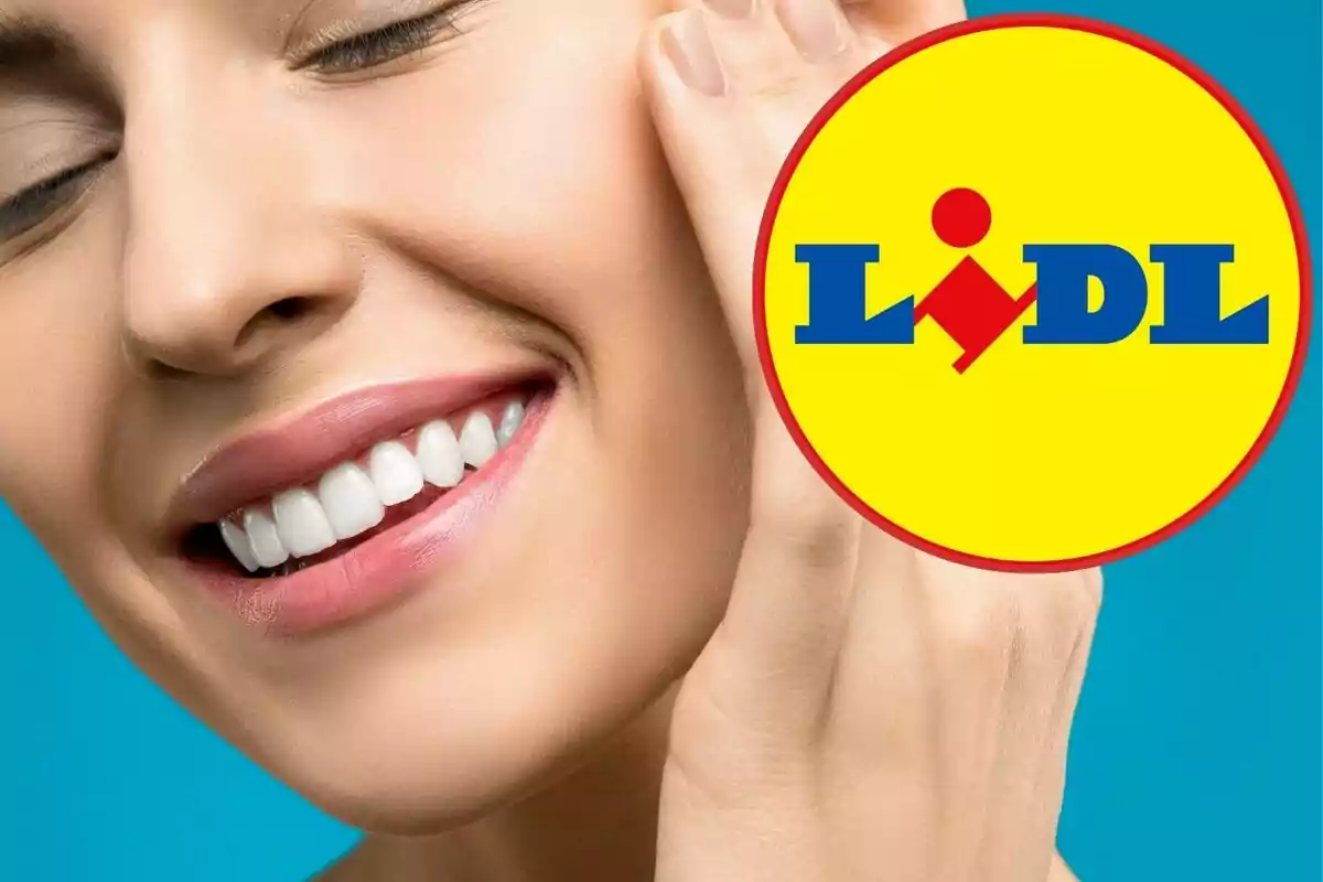 Una persona sonriendo con el logo de Lidl superpuesto.