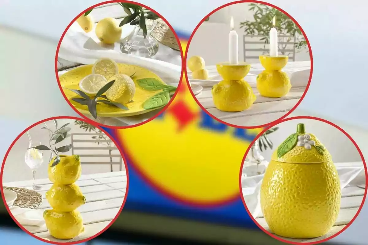 Una imagen que muestra varios objetos decorativos con forma de limón, incluyendo platos, candelabros y recipientes, todos en un entorno de mesa al aire libre. Una imagen que muestra varios objetos decorativos con forma de limón, incluyendo platos, candelabros y recipientes, todos en un entorno de mesa al aire libre.