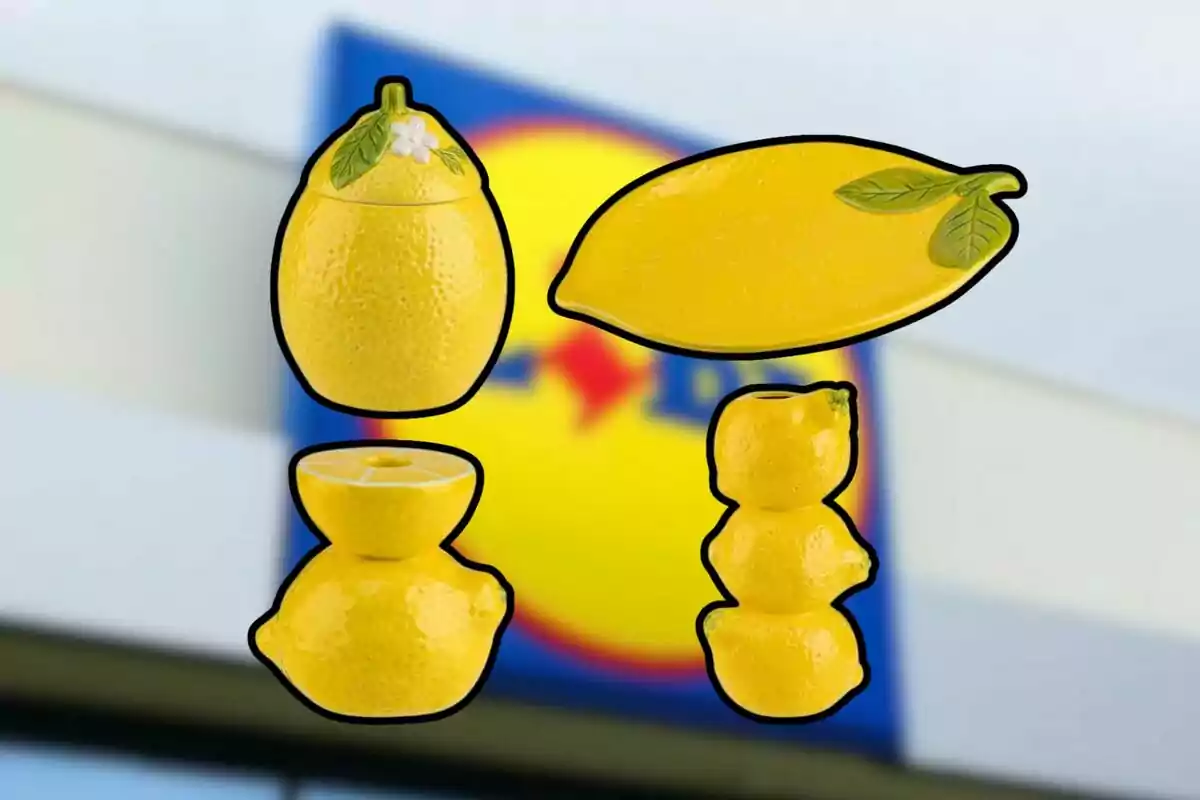 Objetos de cerámica con forma de limón sobre un fondo desenfocado de un logotipo. Objetos de cerámica con forma de limón sobre un fondo desenfocado de un logotipo.