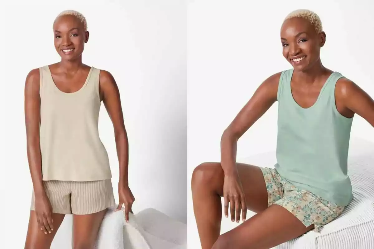 Mujer sonriendo con cabello corto rubio, usando una camiseta sin mangas beige y shorts a rayas en la primera imagen, y una camiseta sin mangas verde con shorts florales en la segunda imagen, ambas sobre un fondo blanco. Mujer sonriendo con cabello corto rubio, usando una camiseta sin mangas beige y shorts a rayas en la primera imagen, y una camiseta sin mangas verde con shorts florales en la segunda imagen, ambas sobre un fondo blanco.