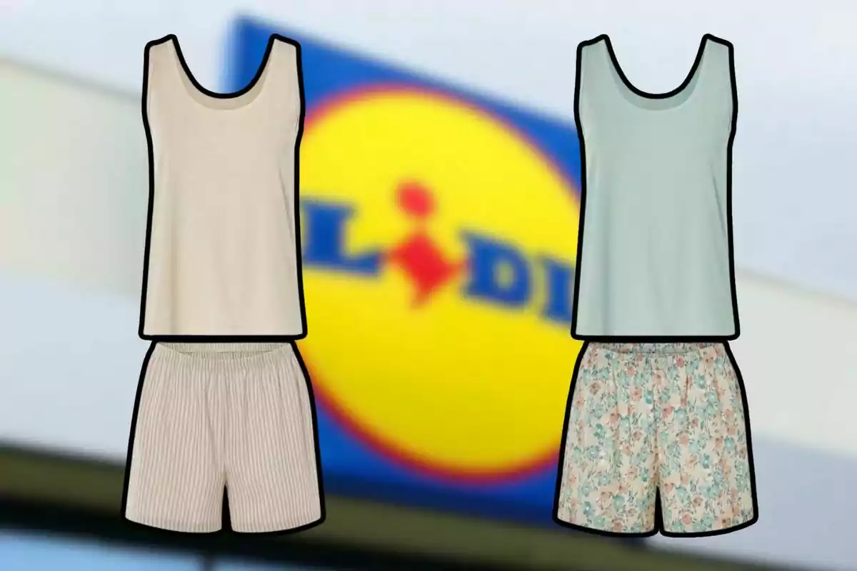 Dos conjuntos de pijama, uno beige con rayas y otro verde con estampado floral, se muestran frente a un fondo con el logotipo de una tienda. Dos conjuntos de pijama, uno beige con rayas y otro verde con estampado floral, se muestran frente a un fondo con el logotipo de una tienda.