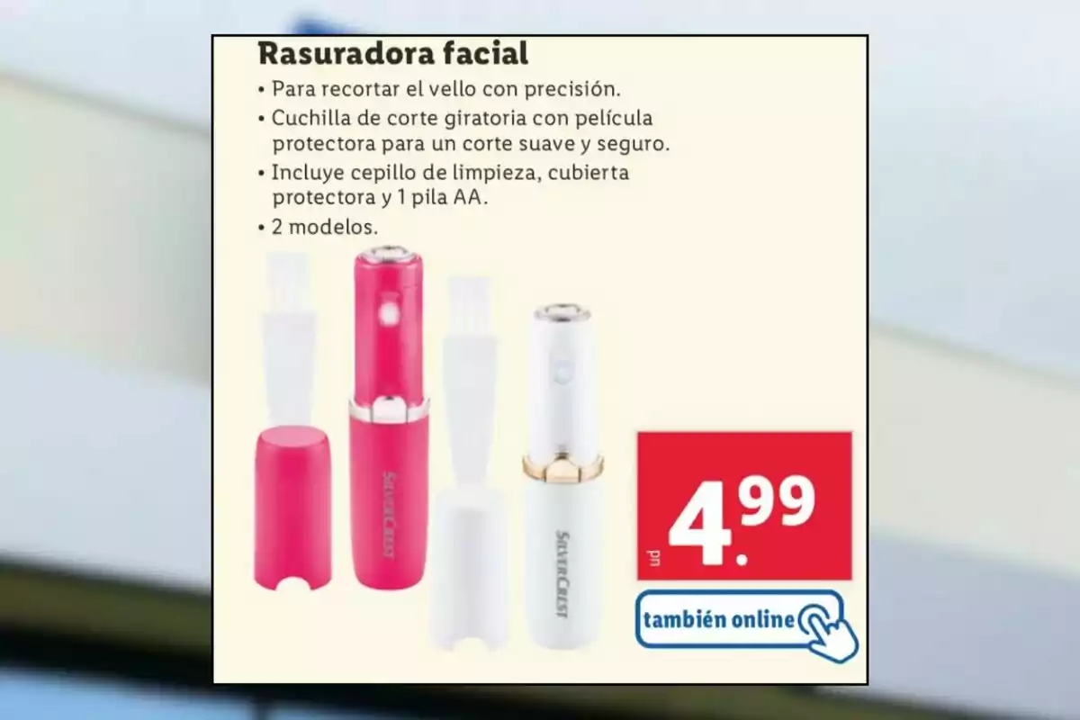 Rasuradora facial en colores rosa y blanco con accesorios y precio de 4.99 euros disponible también online Rasuradora facial en colores rosa y blanco con accesorios y precio de 4.99 euros disponible también online