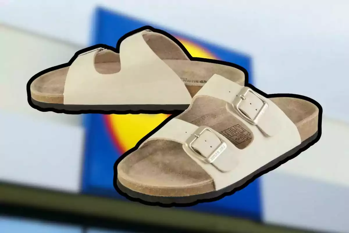 Un par de sandalias beige con dos hebillas metálicas sobre un fondo desenfocado con colores azul, amarillo y rojo. Un par de sandalias beige con dos hebillas metálicas sobre un fondo desenfocado con colores azul, amarillo y rojo.