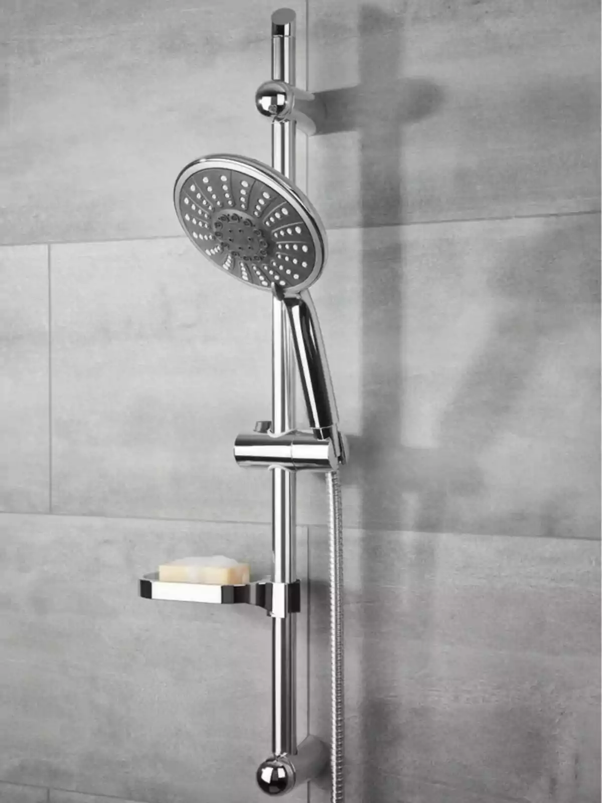 Ducha moderna de acero inoxidable con barra ajustable y jabonera en una pared de azulejos grises Ducha moderna de acero inoxidable con barra ajustable y jabonera en una pared de azulejos grises