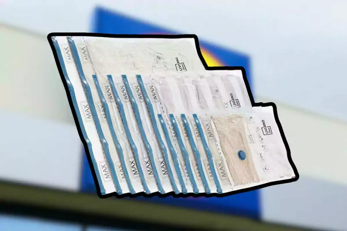 Un conjunto de mopas de limpieza empaquetadas en bolsas de plástico transparentes con bordes azules y etiquetas que dicen Un conjunto de mopas de limpieza empaquetadas en bolsas de plástico transparentes con bordes azules y etiquetas que dicen
