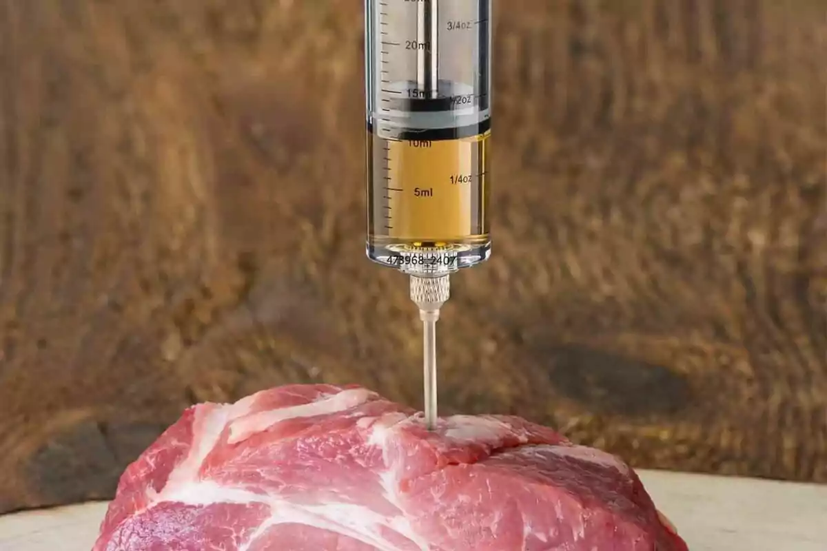 Una jeringa inyectando líquido en un trozo de carne sobre una superficie de madera. Una jeringa inyectando líquido en un trozo de carne sobre una superficie de madera.