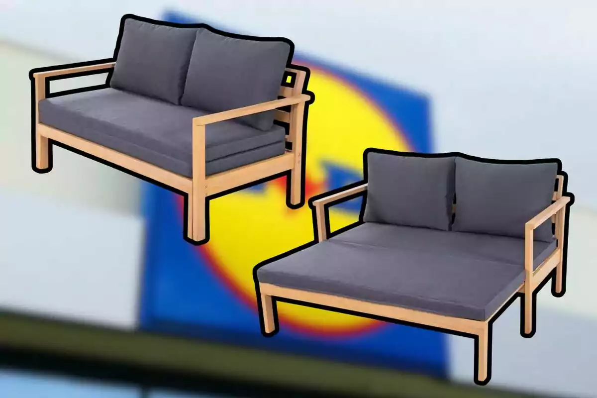 Dos sofás de madera con cojines grises sobre un fondo desenfocado con colores azul y amarillo. Dos sofás de madera con cojines grises sobre un fondo desenfocado con colores azul y amarillo.