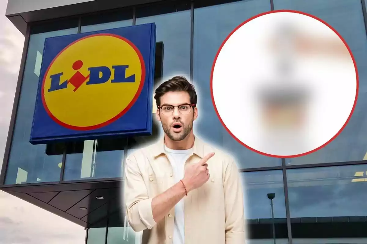 Hombre sorprendido señalando un producto borroso frente a una tienda Lidl.