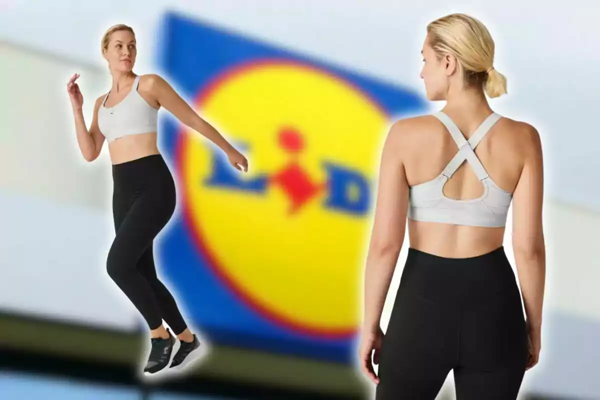 Una mujer con ropa deportiva en diferentes poses frente a un fondo con el logotipo de una tienda. Una mujer con ropa deportiva en diferentes poses frente a un fondo con el logotipo de una tienda.