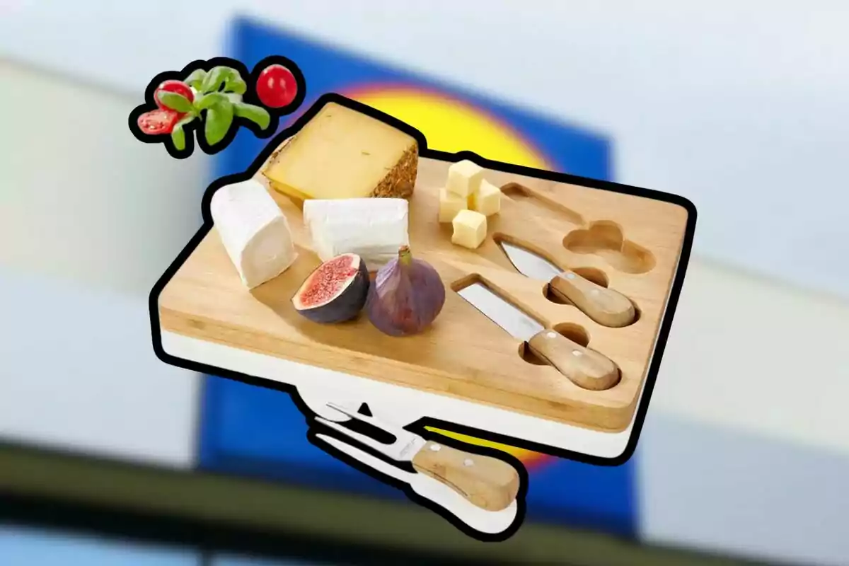 Tabla de madera con diferentes tipos de quesos, higo partido, cubos de queso, cuchillos y tenedor para queso, decorada con tomates y hojas verdes, sobre un fondo desenfocado. Tabla de madera con diferentes tipos de quesos, higo partido, cubos de queso, cuchillos y tenedor para queso, decorada con tomates y hojas verdes, sobre un fondo desenfocado.