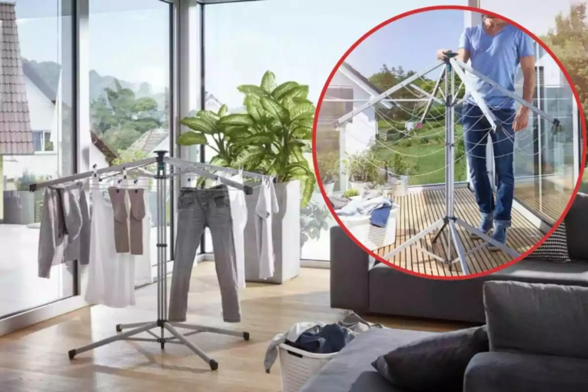 Un tendedero plegable con ropa colgada en una sala de estar luminosa y moderna, con una planta decorativa al fondo y una imagen insertada mostrando a una persona ajustando el tendedero en un balcón. Un tendedero plegable con ropa colgada en una sala de estar luminosa y moderna, con una planta decorativa al fondo y una imagen insertada mostrando a una persona ajustando el tendedero en un balcón.