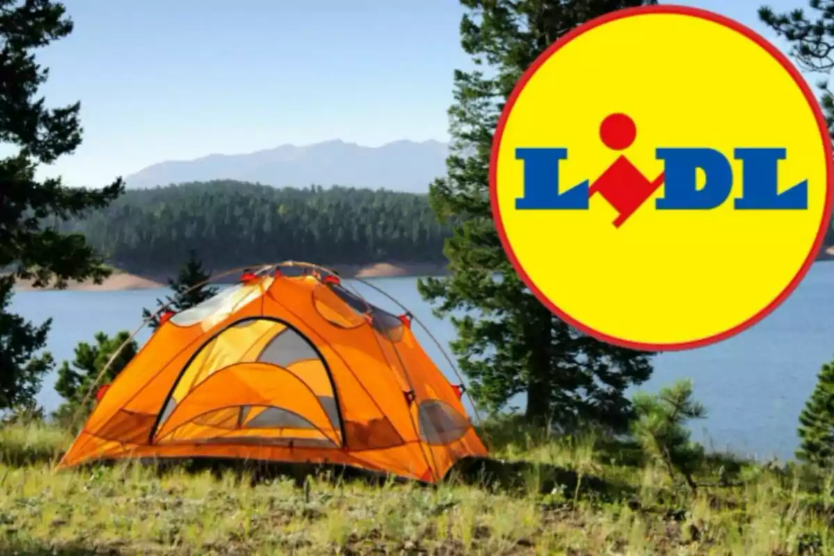 Una tienda de campaña naranja en un entorno natural junto a un lago con el logotipo de Lidl superpuesto en la esquina superior derecha. Una tienda de campaña naranja en un entorno natural junto a un lago con el logotipo de Lidl superpuesto en la esquina superior derecha.