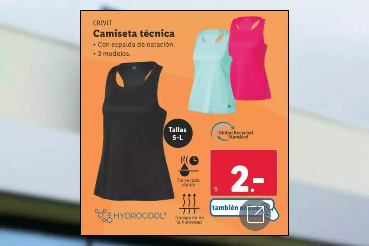 Publicidad de camisetas técnicas deportivas para mujer en colores negro, azul claro y rosa, con detalles de secado rápido, transporte de humedad, tallas S a L y precio de 2 euros Publicidad de camisetas técnicas deportivas para mujer en colores negro, azul claro y rosa, con detalles de secado rápido, transporte de humedad, tallas S a L y precio de 2 euros