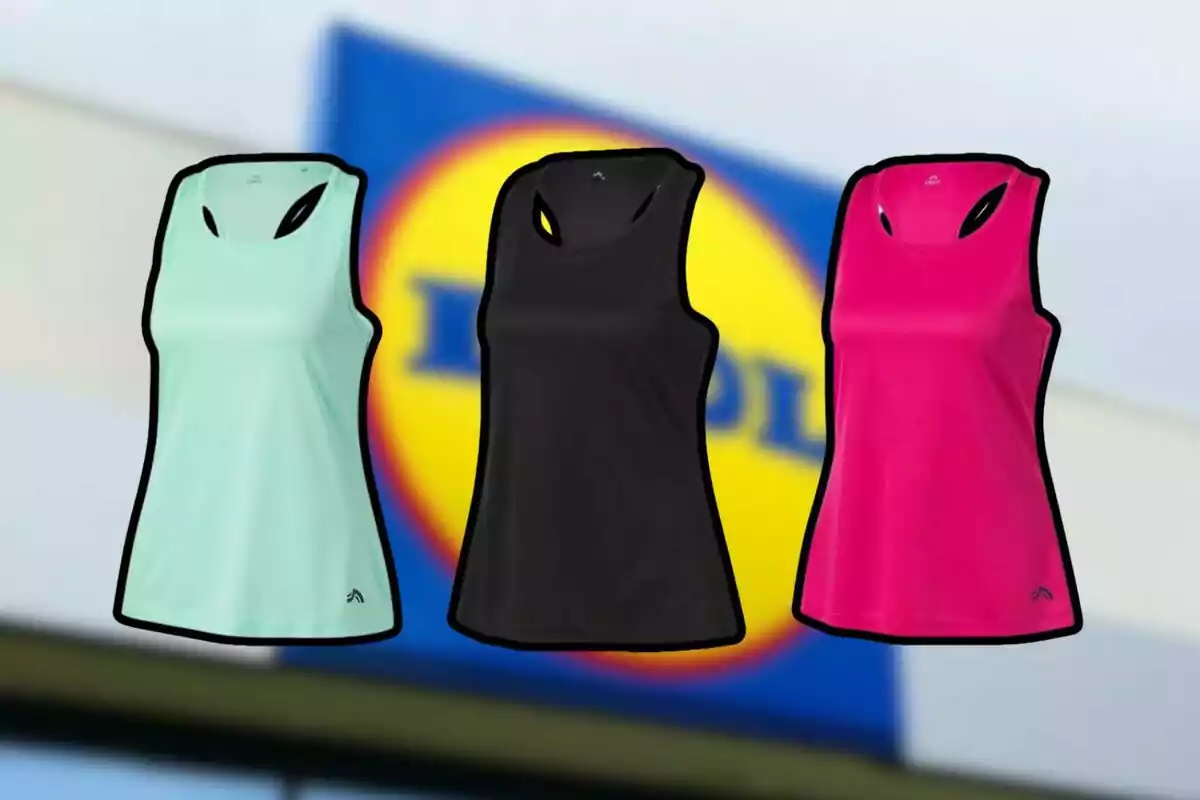Tres camisetas deportivas sin mangas en colores verde claro, negro y rosa fucsia con el logo de una tienda desenfocado al fondo Tres camisetas deportivas sin mangas en colores verde claro, negro y rosa fucsia con el logo de una tienda desenfocado al fondo