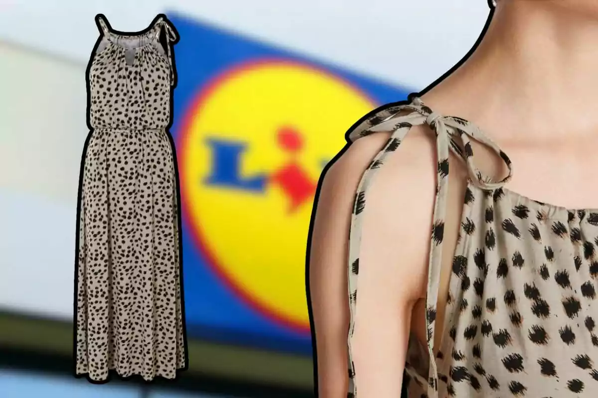 Un vestido con estampado de manchas negras sobre fondo beige, con tirantes ajustables, se muestra en primer plano, mientras que en el fondo se observa un logotipo borroso de una tienda. Un vestido con estampado de manchas negras sobre fondo beige, con tirantes ajustables, se muestra en primer plano, mientras que en el fondo se observa un logotipo borroso de una tienda.