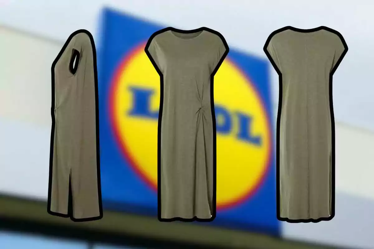 Un vestido verde oliva se muestra desde tres ángulos diferentes frente a un fondo desenfocado con un logotipo azul y amarillo. Un vestido verde oliva se muestra desde tres ángulos diferentes frente a un fondo desenfocado con un logotipo azul y amarillo.