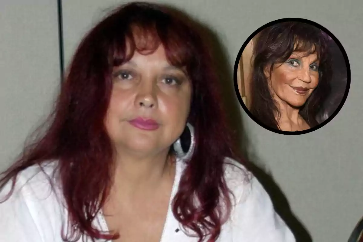 Mujer de cabello largo y rojizo con blusa blanca y aretes grandes, con un recuadro circular mostrando a otra mujer de cabello oscuro y maquillaje llamativo