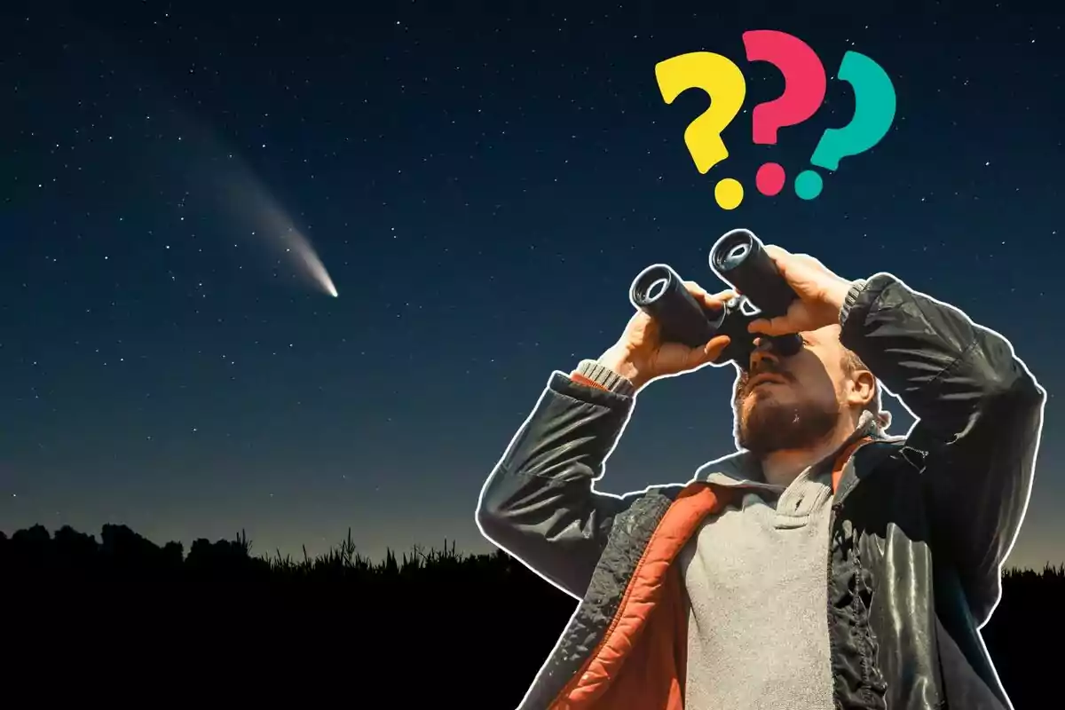 Hombre observando el cielo nocturno con binoculares mientras un cometa cruza el firmamento y signos de interrogación flotan sobre su cabeza.