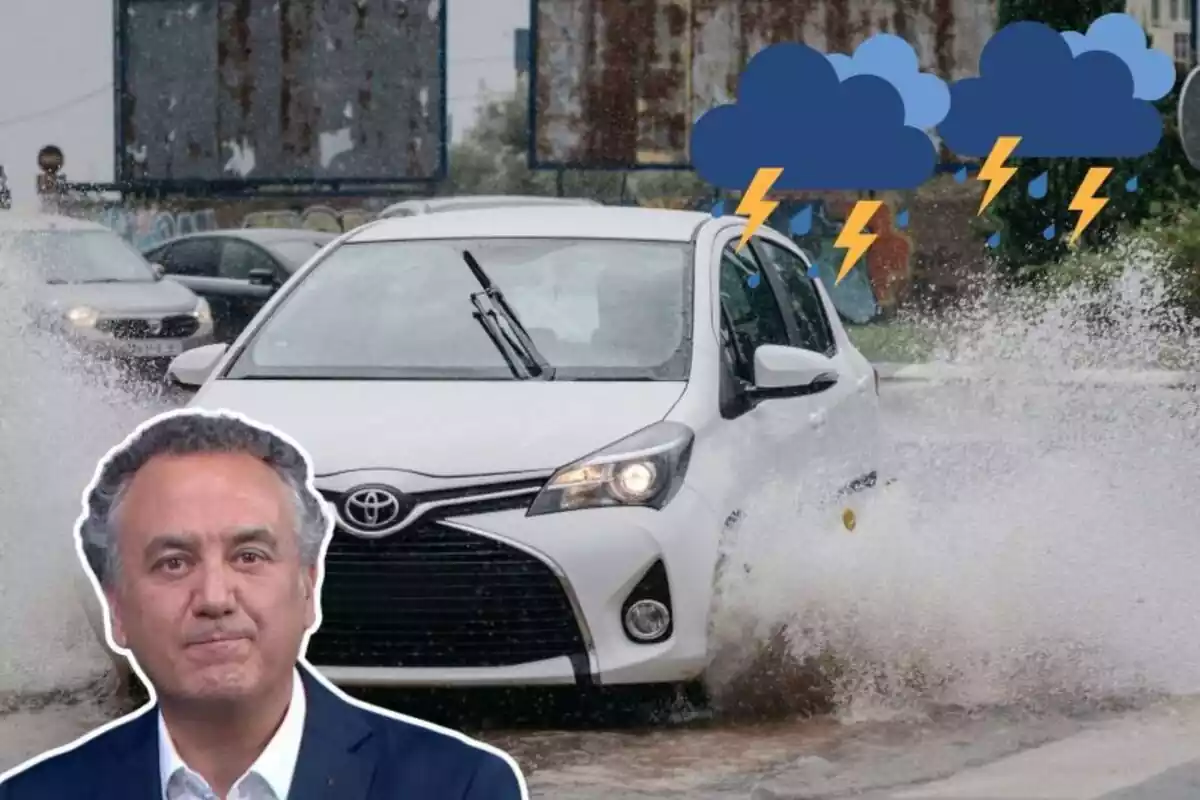 Imagen de fondo de un coche circulando por una carretera con agua y salpicando, y otra en primer plano de Roberto Brasero con algunos emoticonos de nubes con tormenta