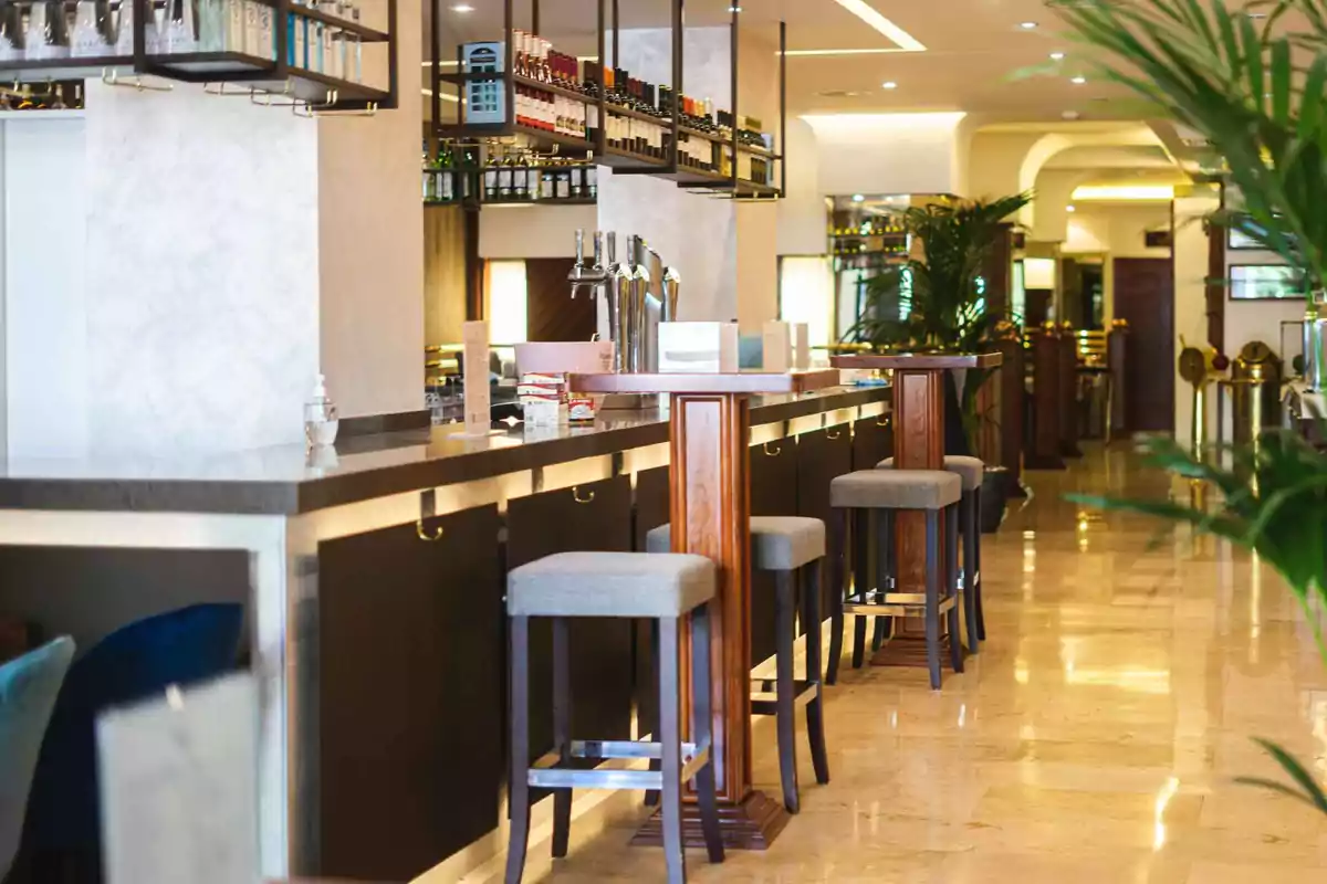 Interior de un bar moderno con una barra de mármol, taburetes altos de madera con cojines grises, estantes con botellas colgando del techo y plantas decorativas.