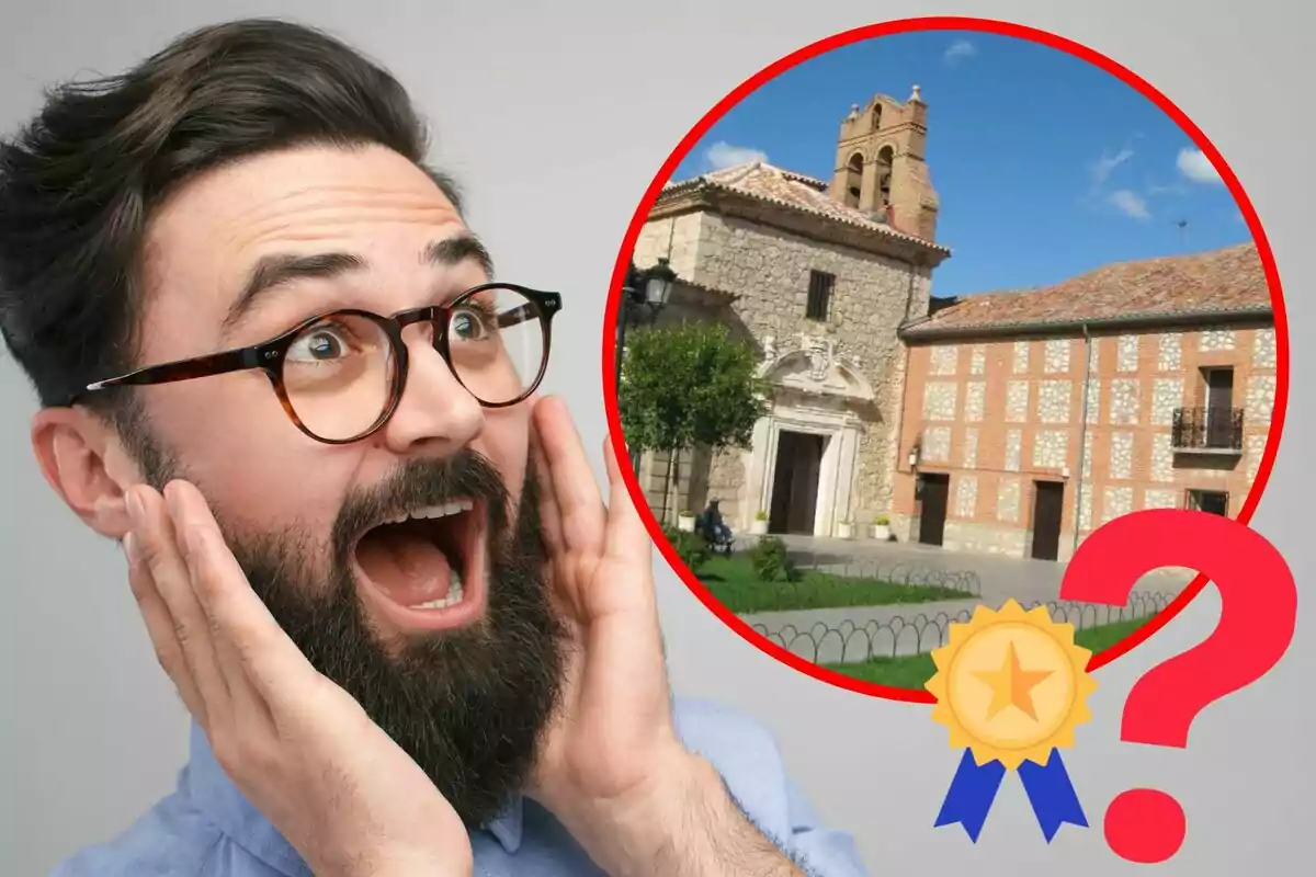 Un hombre con expresión de sorpresa y emoción junto a una imagen circular de un edificio histórico con una medalla y un signo de interrogación.