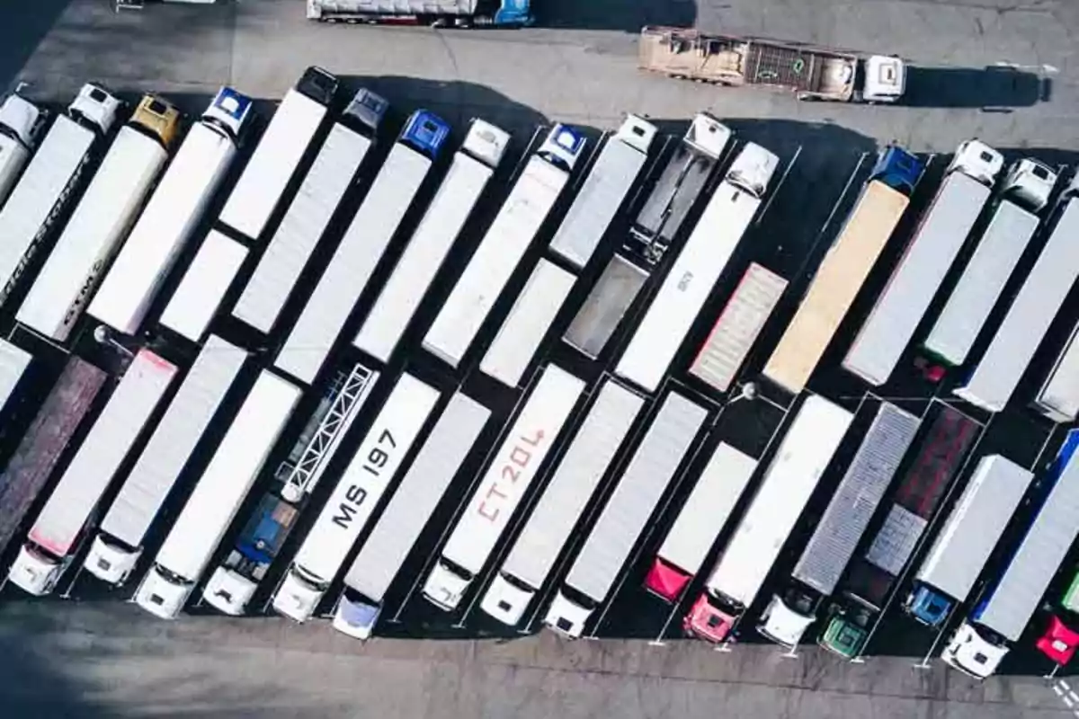 Vista aérea de una fila de camiones estacionados en un aparcamiento.