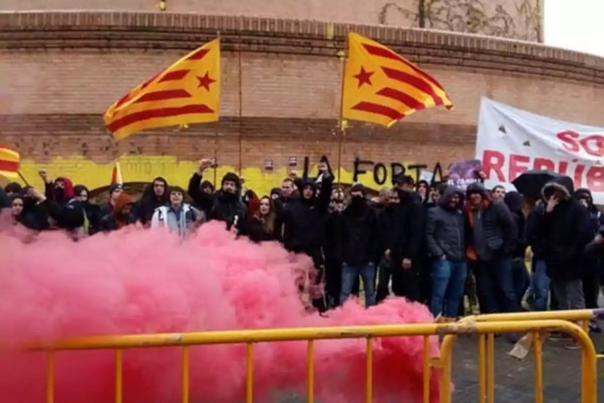 Manifestación con banderas y humo rosa frente a una pared con grafitis.