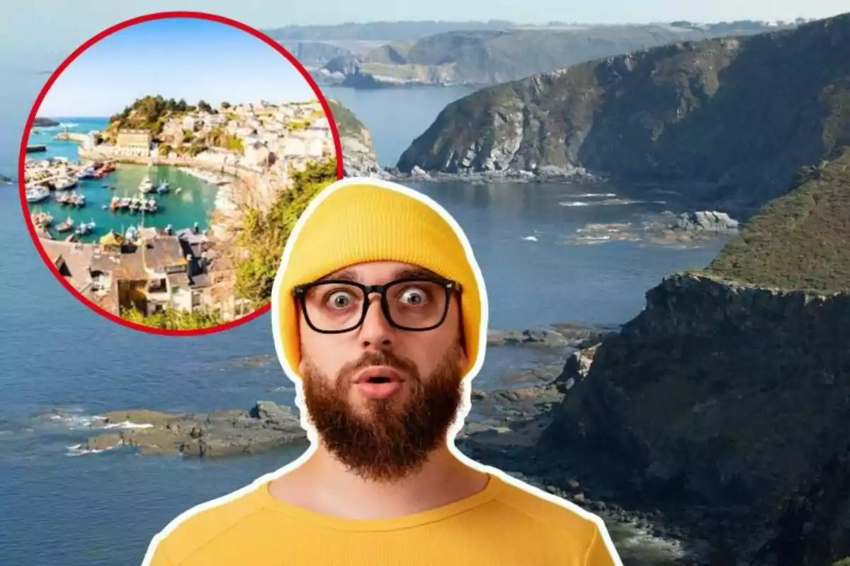 Un hombre con gorro y camiseta amarillos, con expresión de sorpresa, está superpuesto sobre un paisaje costero rocoso; en un círculo rojo se muestra una imagen de un puerto con barcos y casas coloridas.