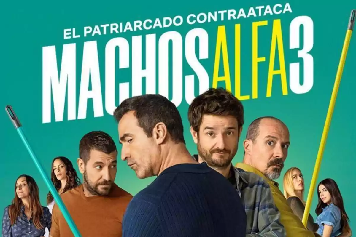 Cartel promocional de la tercera temporada de "Machos Alfa" con varios personajes en primer plano y fondo verde.