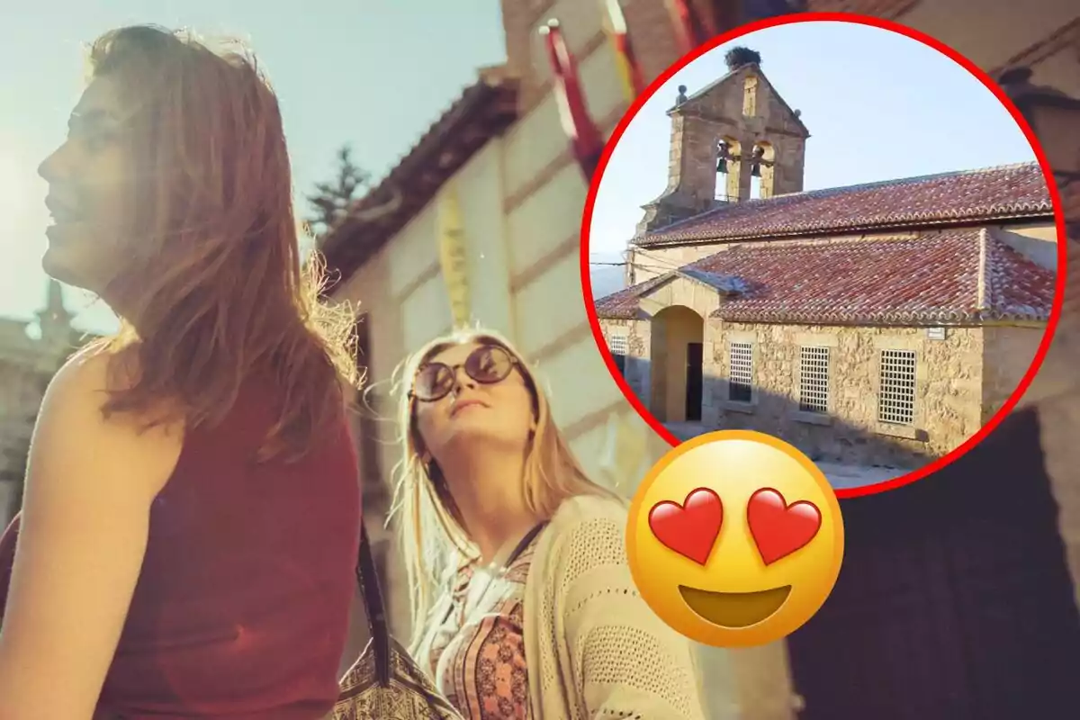 Dos personas caminando al aire libre con una imagen insertada de una iglesia y un emoji de cara con corazones.