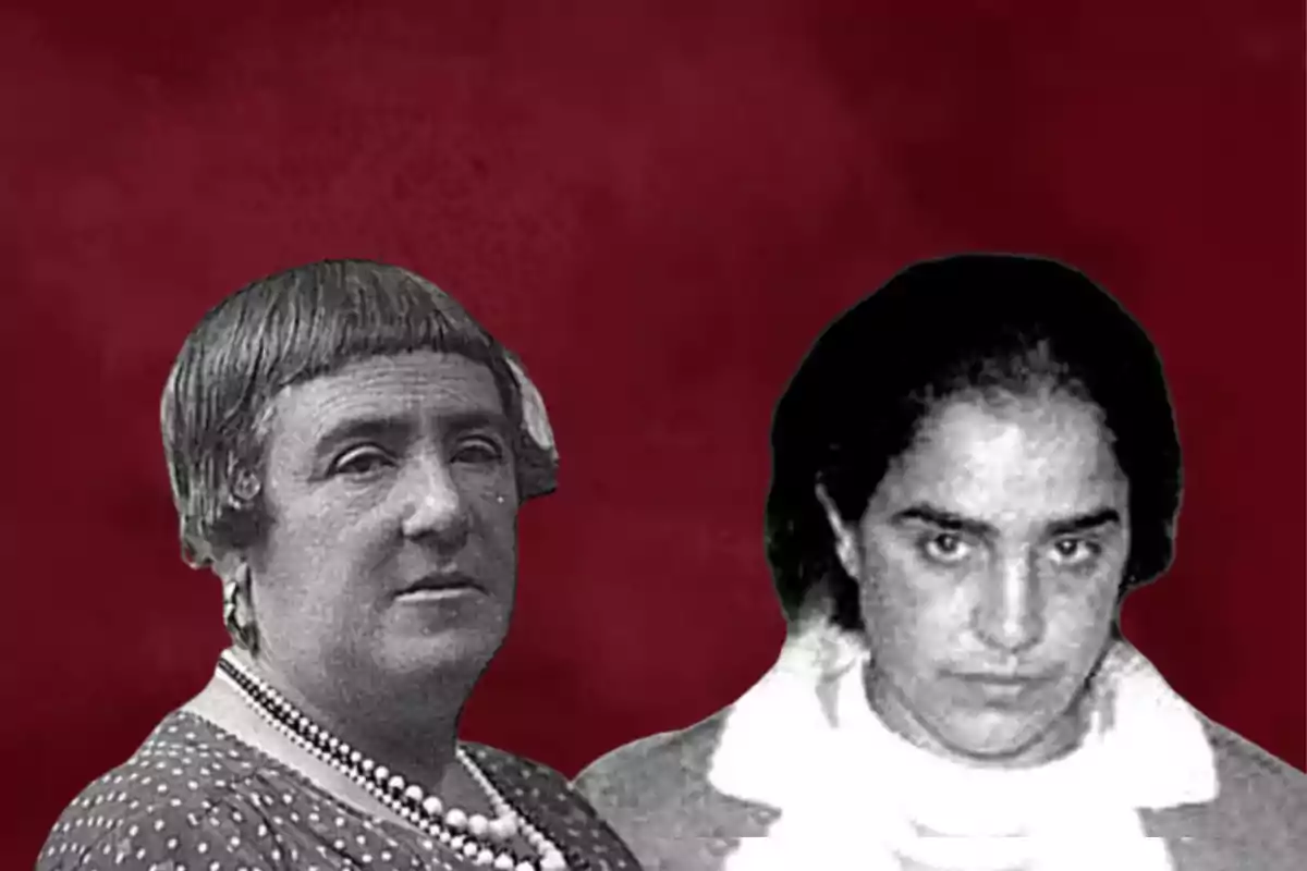 Dos mujeres en blanco y negro sobre un fondo rojo.