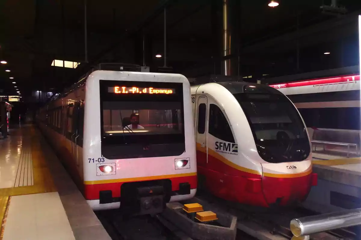 Dos trenes detenidos en una estación subterránea iluminada, uno con letrero electrónico y el otro con el logo de SFM en el costado