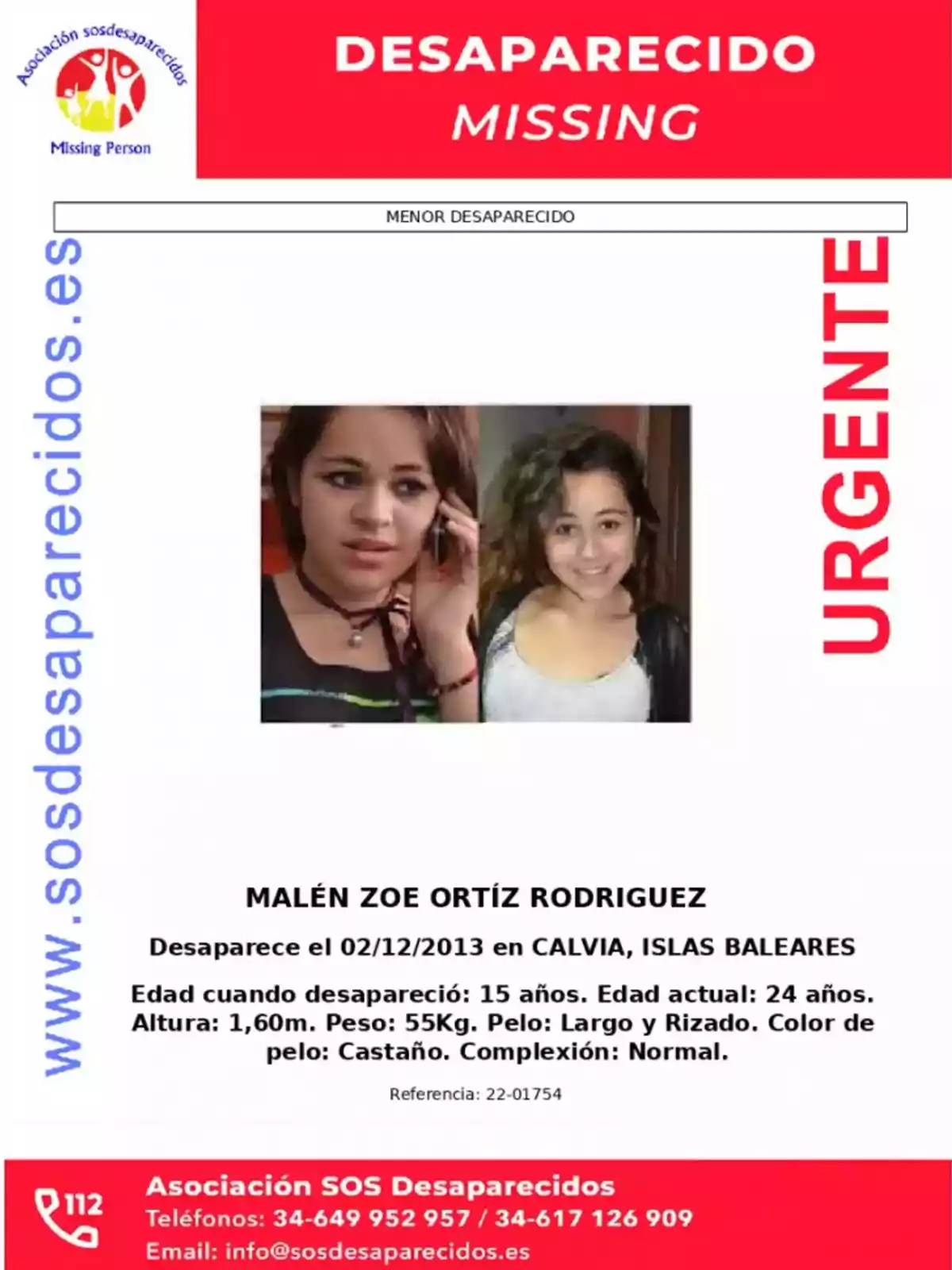 Cartel de persona desaparecida con fotos de una joven y detalles de contacto de la Asociación SOS Desaparecidos.