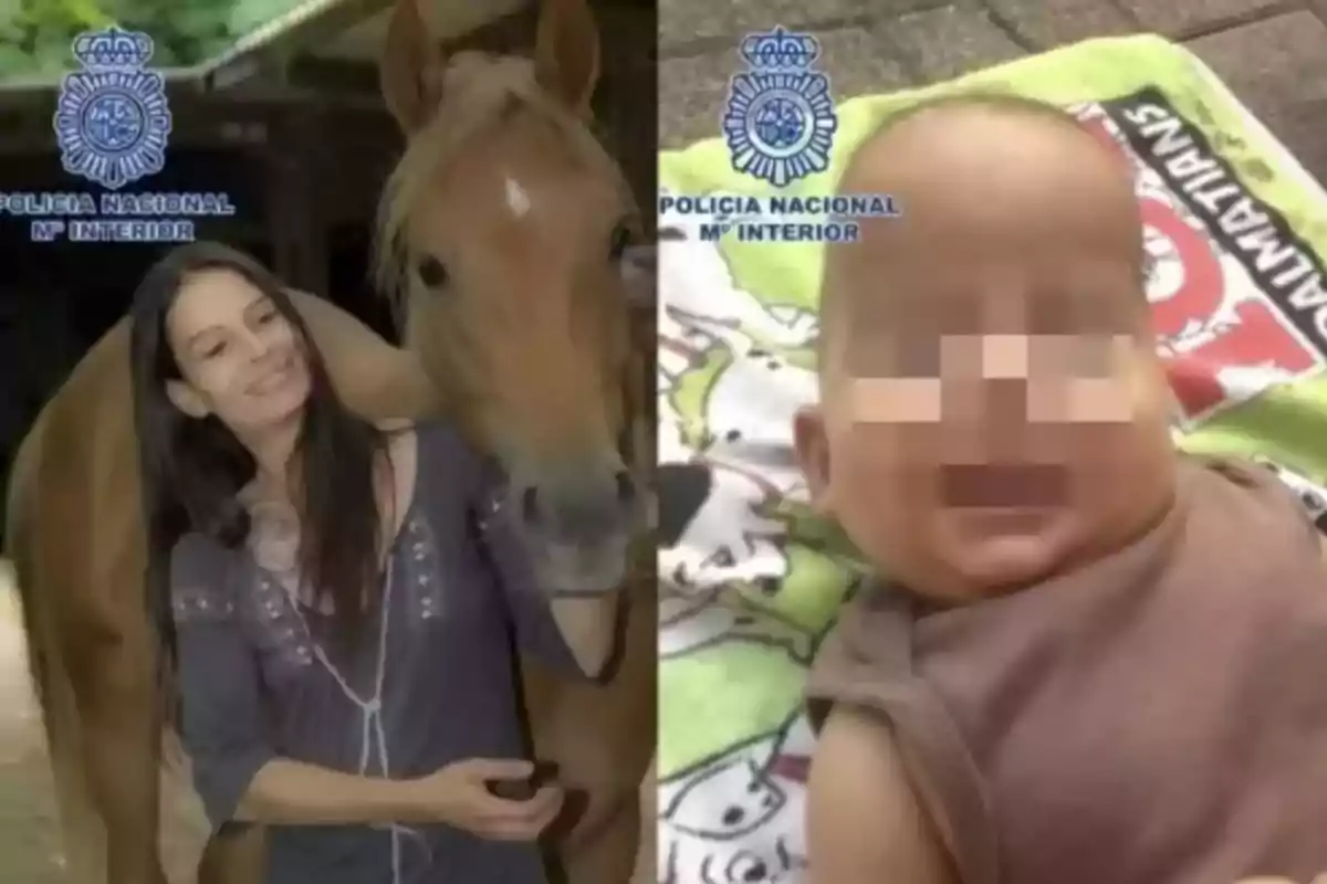 Una mujer sonríe junto a un caballo mientras un bebé con el rostro pixelado está acostado sobre una manta colorida. Una mujer sonríe junto a un caballo mientras un bebé con el rostro pixelado está acostado sobre una manta colorida.