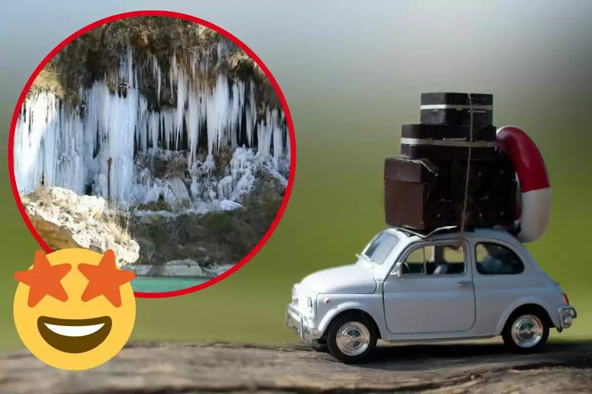 Un coche de juguete con equipaje en el techo y un círculo que muestra una imagen de estalactitas de hielo, acompañado de un emoji con ojos de estrellas.