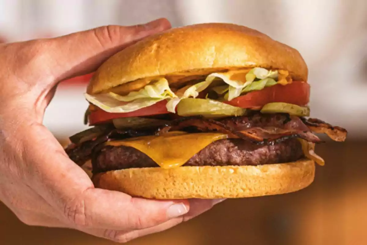 Persona sosteniendo una hamburguesa con queso, tocino, lechuga, jitomate y pepinillos Persona sosteniendo una hamburguesa con queso, tocino, lechuga, jitomate y pepinillos