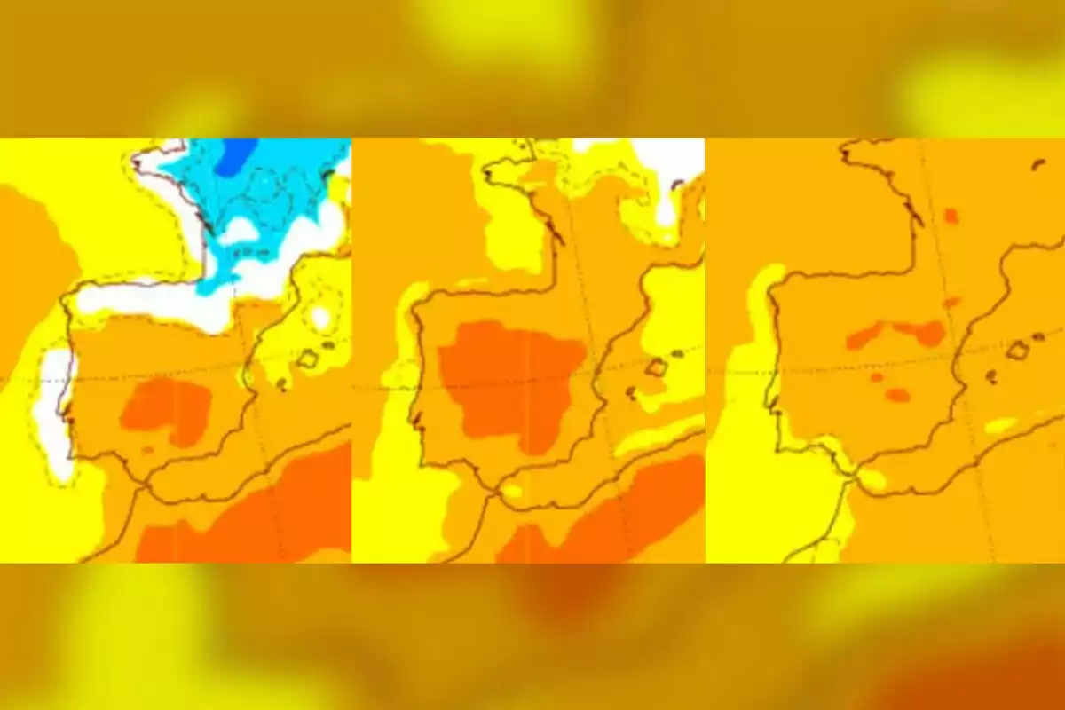 Tres mapas de Europa occidental y la península ibérica con diferentes colores que representan variaciones de temperatura o clima Tres mapas de Europa occidental y la península ibérica con diferentes colores que representan variaciones de temperatura o clima