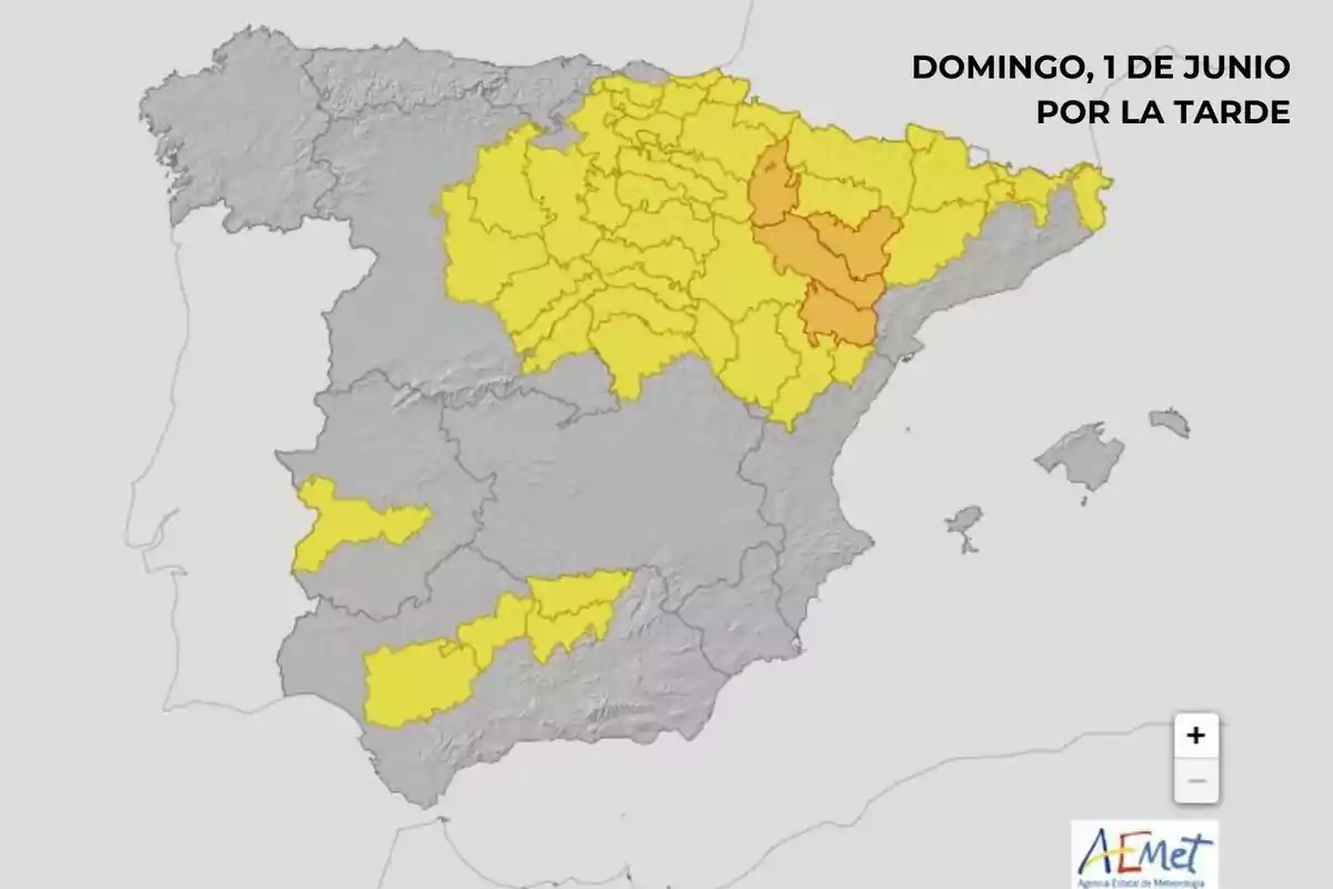 Mapa de España con varias provincias en alerta amarilla y naranja por condiciones meteorológicas adversas para la tarde del domingo 1 de junio según la AEMET Mapa de España con varias provincias en alerta amarilla y naranja por condiciones meteorológicas adversas para la tarde del domingo 1 de junio según la AEMET
