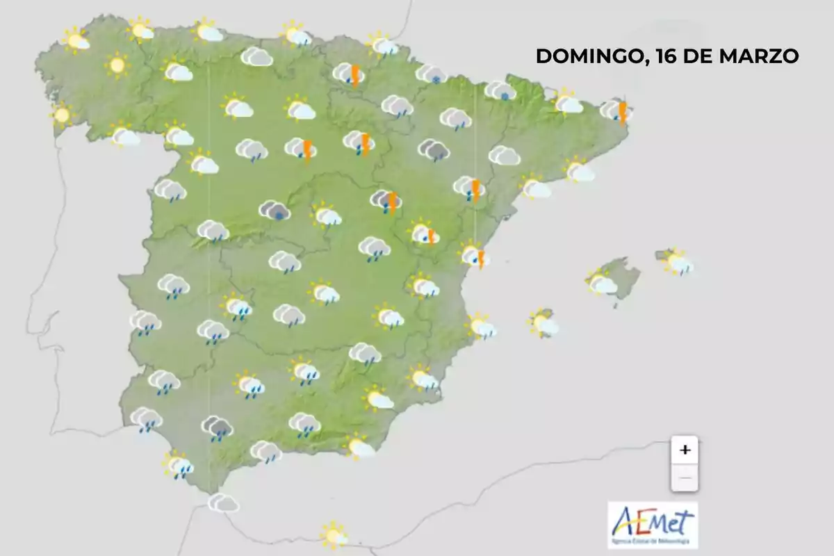 Mapa del tiempo para España el domingo 16 de marzo mostrando diversas condiciones climáticas como sol, nubes y lluvia en diferentes regiones. Mapa del tiempo para España el domingo 16 de marzo mostrando diversas condiciones climáticas como sol, nubes y lluvia en diferentes regiones.