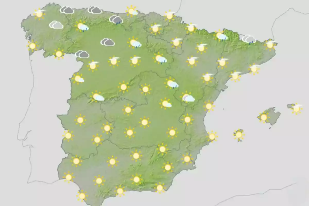 Mapa meteorológico de España mostrando condiciones mayormente soleadas con algunas nubes y lluvias ligeras en el norte. Mapa meteorológico de España mostrando condiciones mayormente soleadas con algunas nubes y lluvias ligeras en el norte.