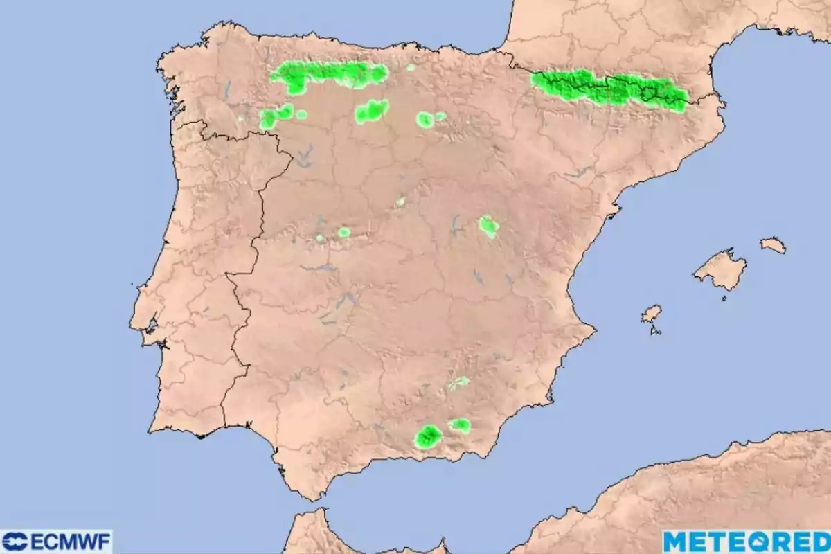 Mapa meteorológico de la península ibérica con áreas de precipitación en verde. Mapa meteorológico de la península ibérica con áreas de precipitación en verde.