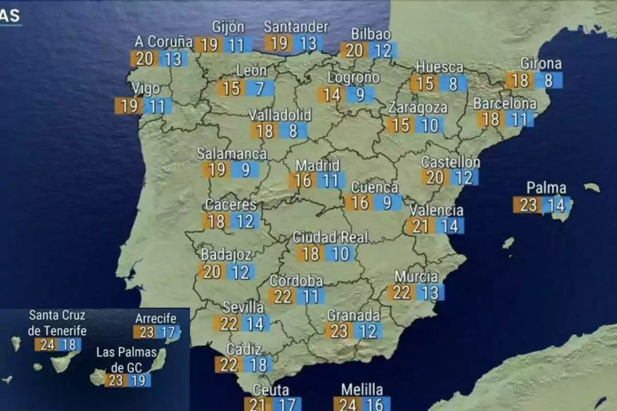 Mapa del tiempo de España con temperaturas máximas y mínimas en diferentes ciudades.