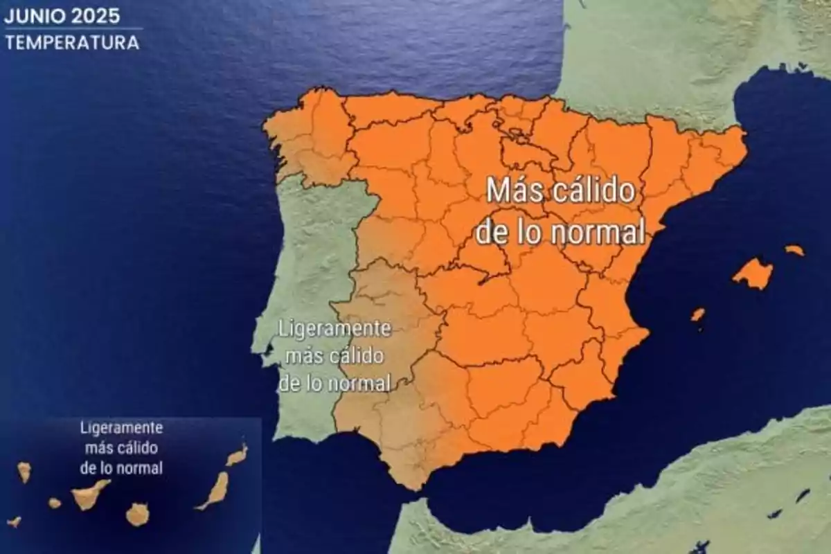 Mapa de la península ibérica y las islas Canarias mostrando previsión de temperaturas para junio de 2025 con la mayor parte de España en color naranja indicando más cálido de lo normal y Portugal y Canarias en color beige indicando ligeramente más cálido de lo normal Mapa de la península ibérica y las islas Canarias mostrando previsión de temperaturas para junio de 2025 con la mayor parte de España en color naranja indicando más cálido de lo normal y Portugal y Canarias en color beige indicando ligeramente más cálido de lo normal
