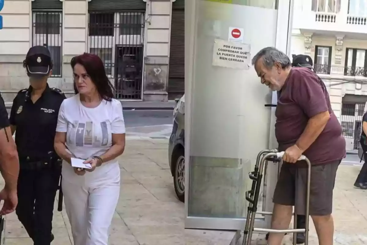 Una mujer escoltada por una policía y un hombre mayor con andador frente a un edificio.