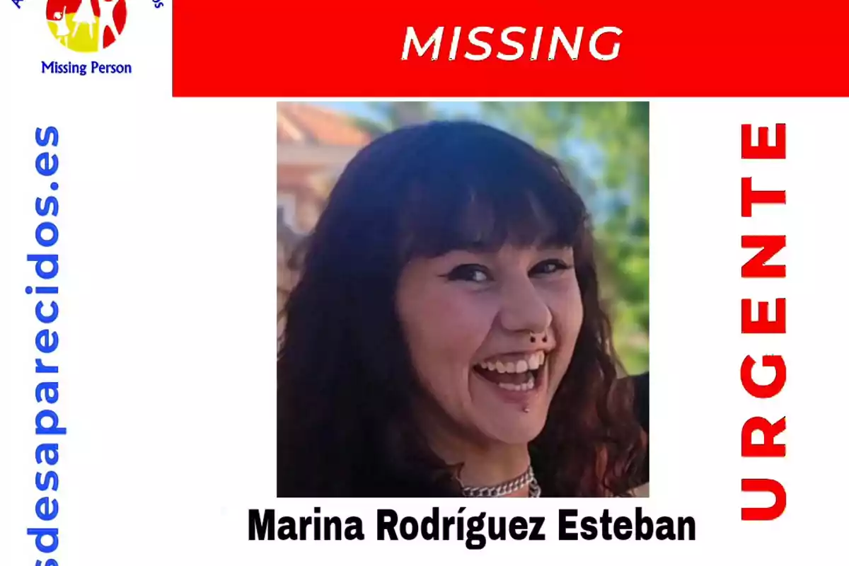 Cartel de persona desaparecida con la palabra "MISSING" en la parte superior, la palabra "URGENTE" en el lado derecho, y la dirección web "desaparecidos.es" en el lado izquierdo. En el centro hay una foto de una mujer sonriente con el nombre "Marina Rodríguez Esteban" debajo de la imagen.